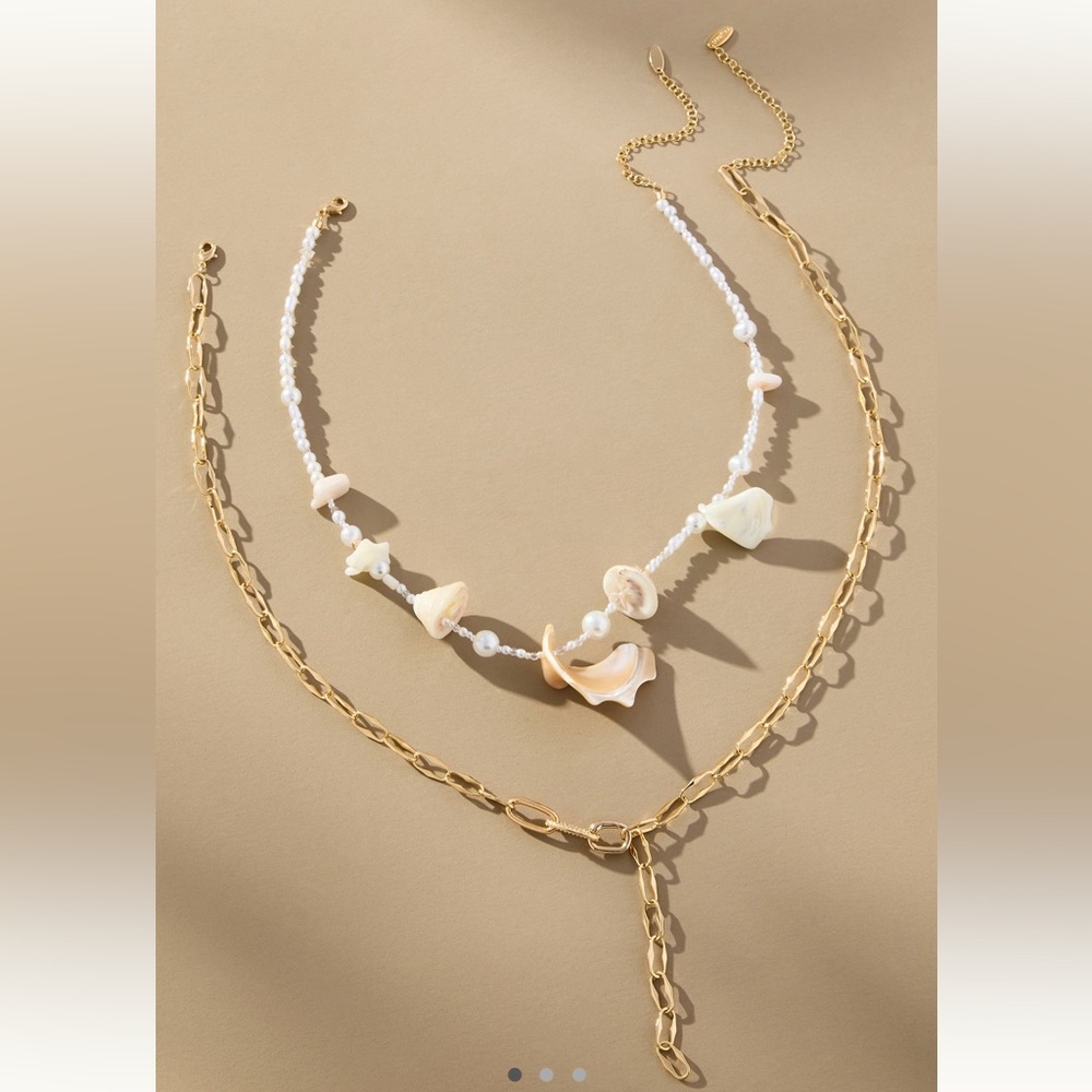 Anthropologie 14KT Gold Plated Mixed Layered Charm Necklace Beach Seashell New